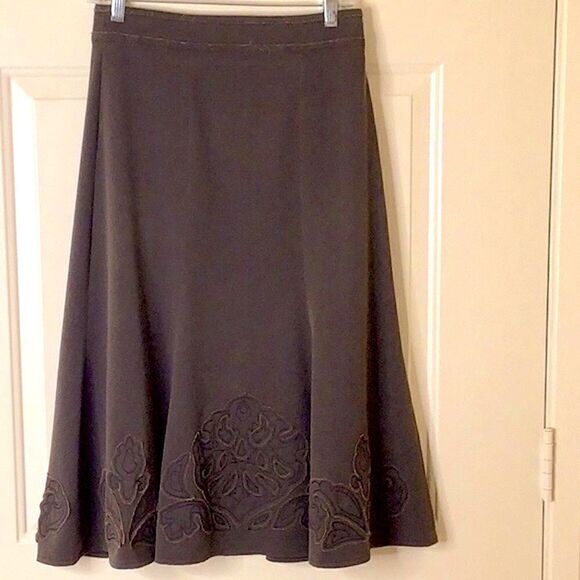 CAbi Dark Brown Dark Academia, Boho Flared MIDI Skirt with Appliqué - Picture 1 of 14
